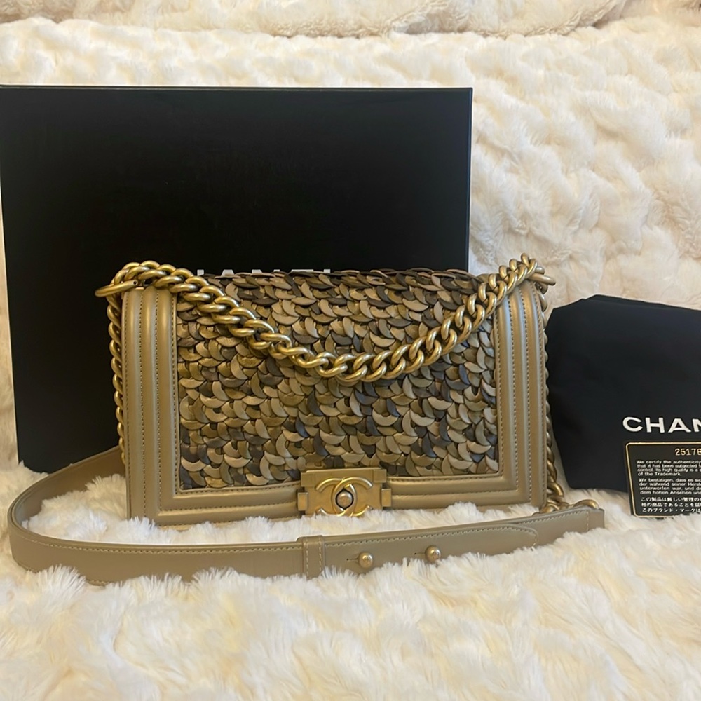 Chanel Boy Flap Bag Braided Metallic Lambskin Old Medium Gold